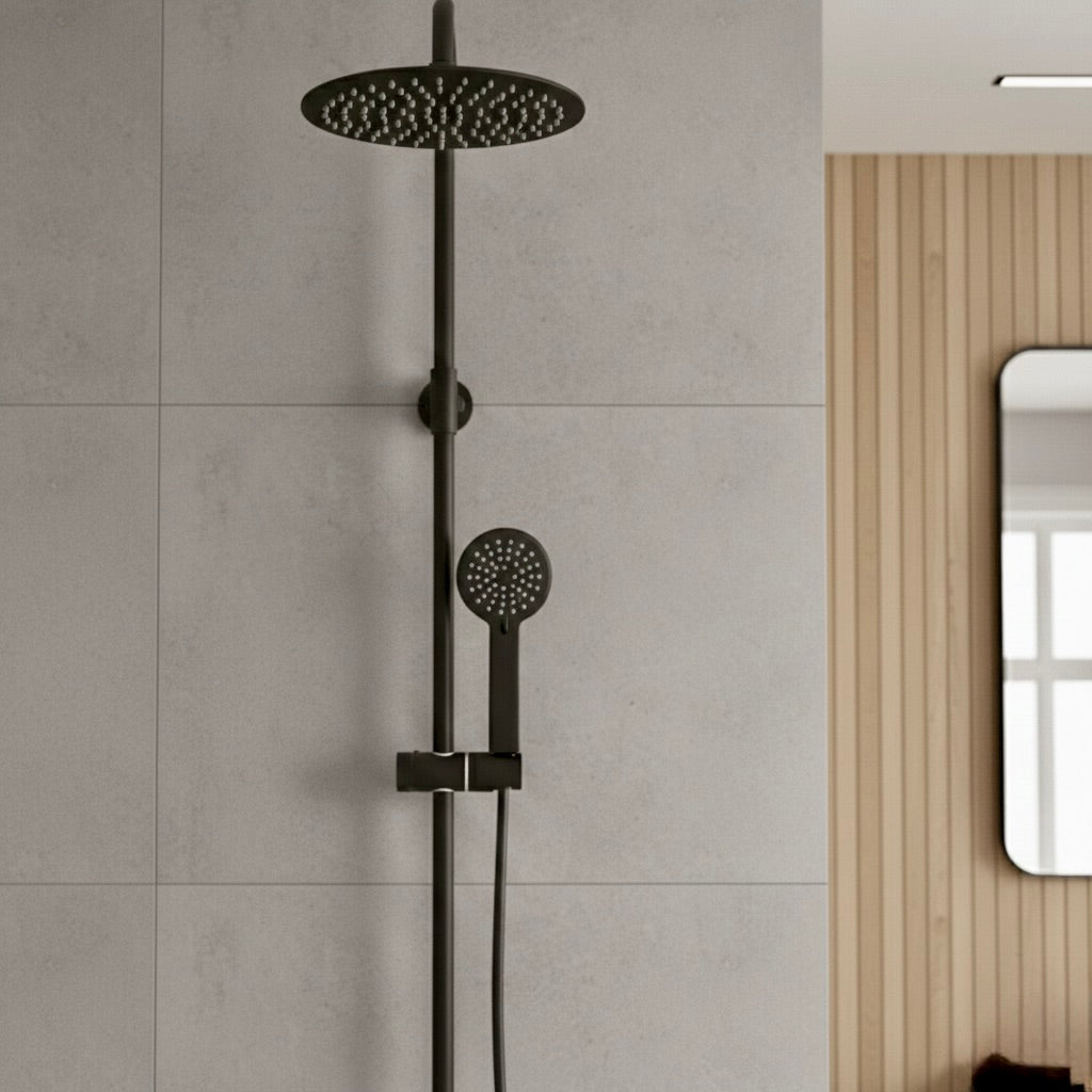Matte Black Thermostatic Rainfall Shower System – Solid Brass Wall-Mounted Set