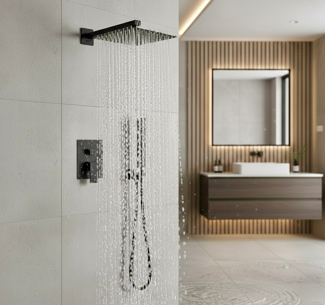 Matte Black Concealed Thermostatic Rainfall Shower System – Solid Brass Wall Mounted Set