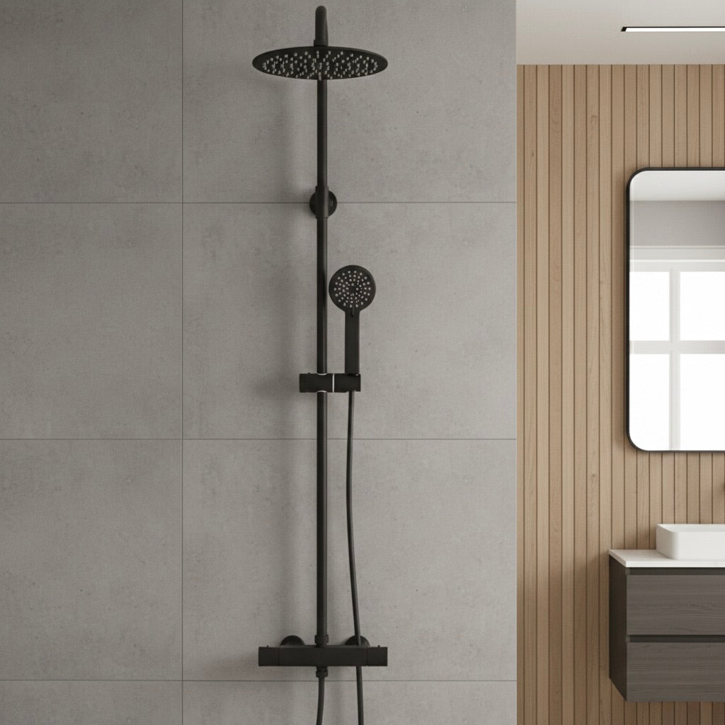 Matte Black Thermostatic Rainfall Shower System – Solid Brass Wall-Mounted Set