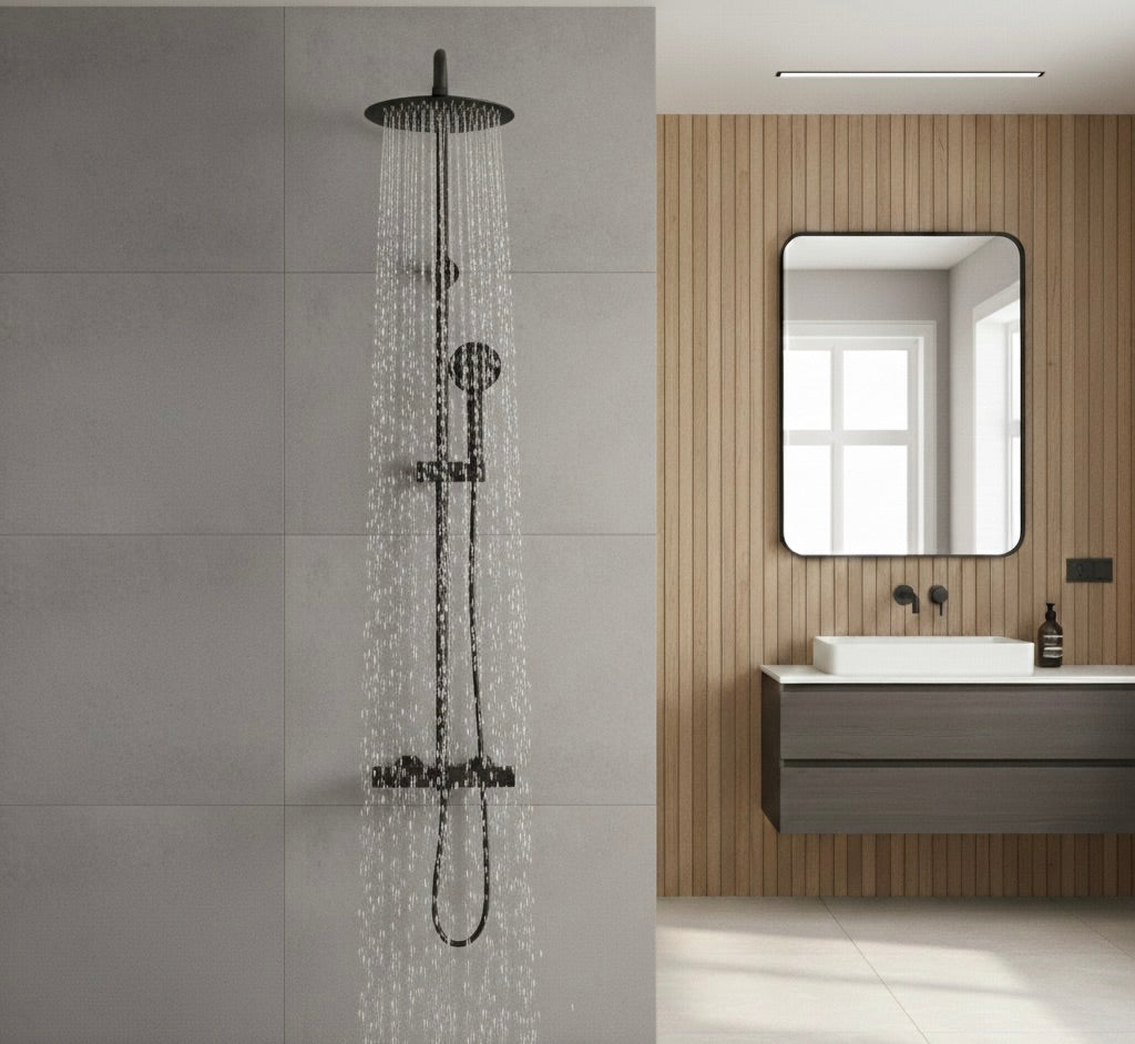 Matte Black Thermostatic Rainfall Shower System – Solid Brass Wall-Mounted Set