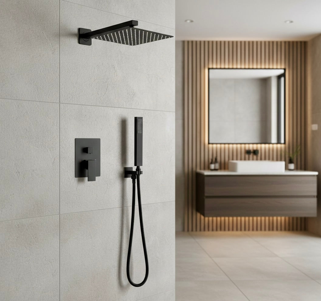 Matte Black Concealed Thermostatic Rainfall Shower System – Solid Brass Wall Mounted Set
