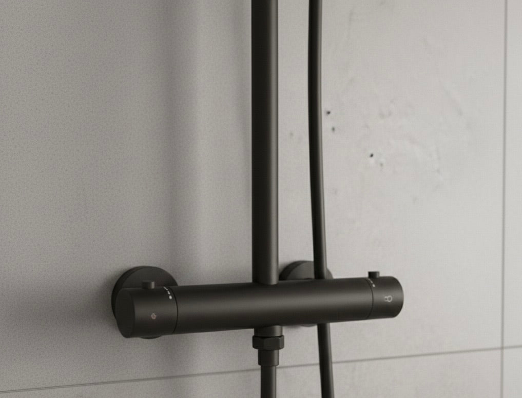 Matte Black Thermostatic Rainfall Shower System – Solid Brass Wall-Mounted Set